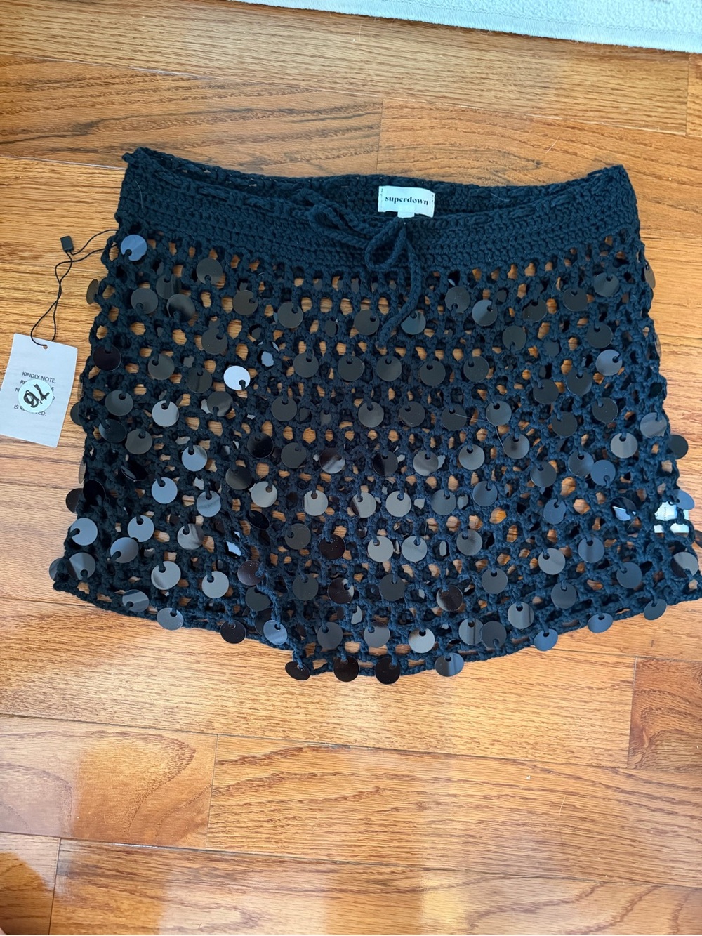 NWT Superdown Black Crochet Sequin Mini Skirt (swim coverup/sarong) size medium